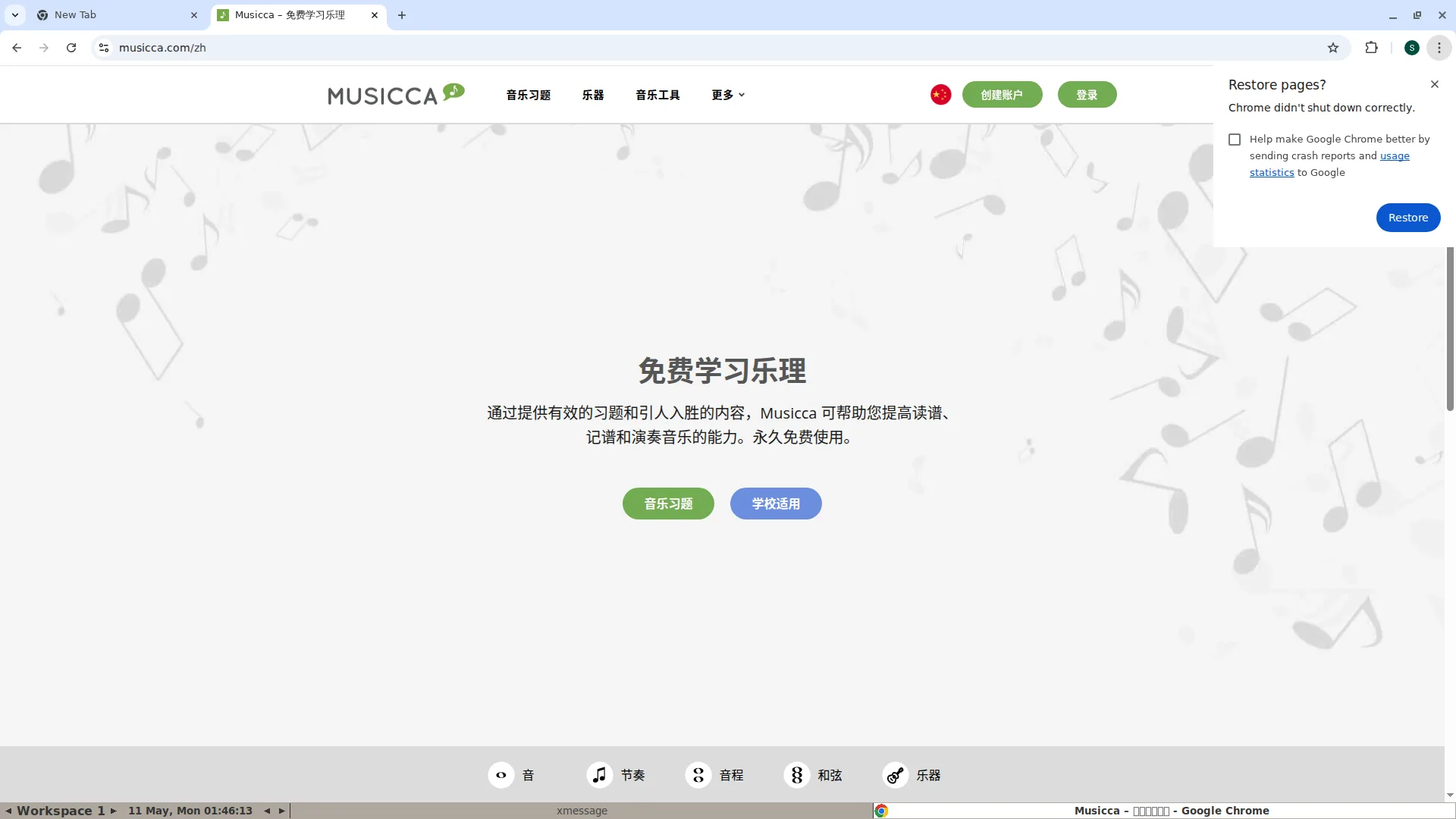 Musicca Chinese homepage with Music Exercises, Instruments, and Music Tools navigation plus the Music Exercises call-to-action.